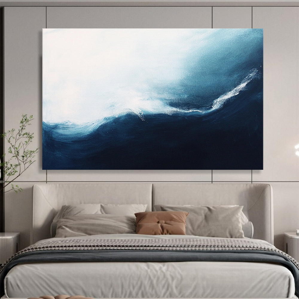 “Ocean Wave” - Soothing whites, light blues, deep navies; Abstract ocean wave; Minimalist Seascape Painting On Canvas HB1154
