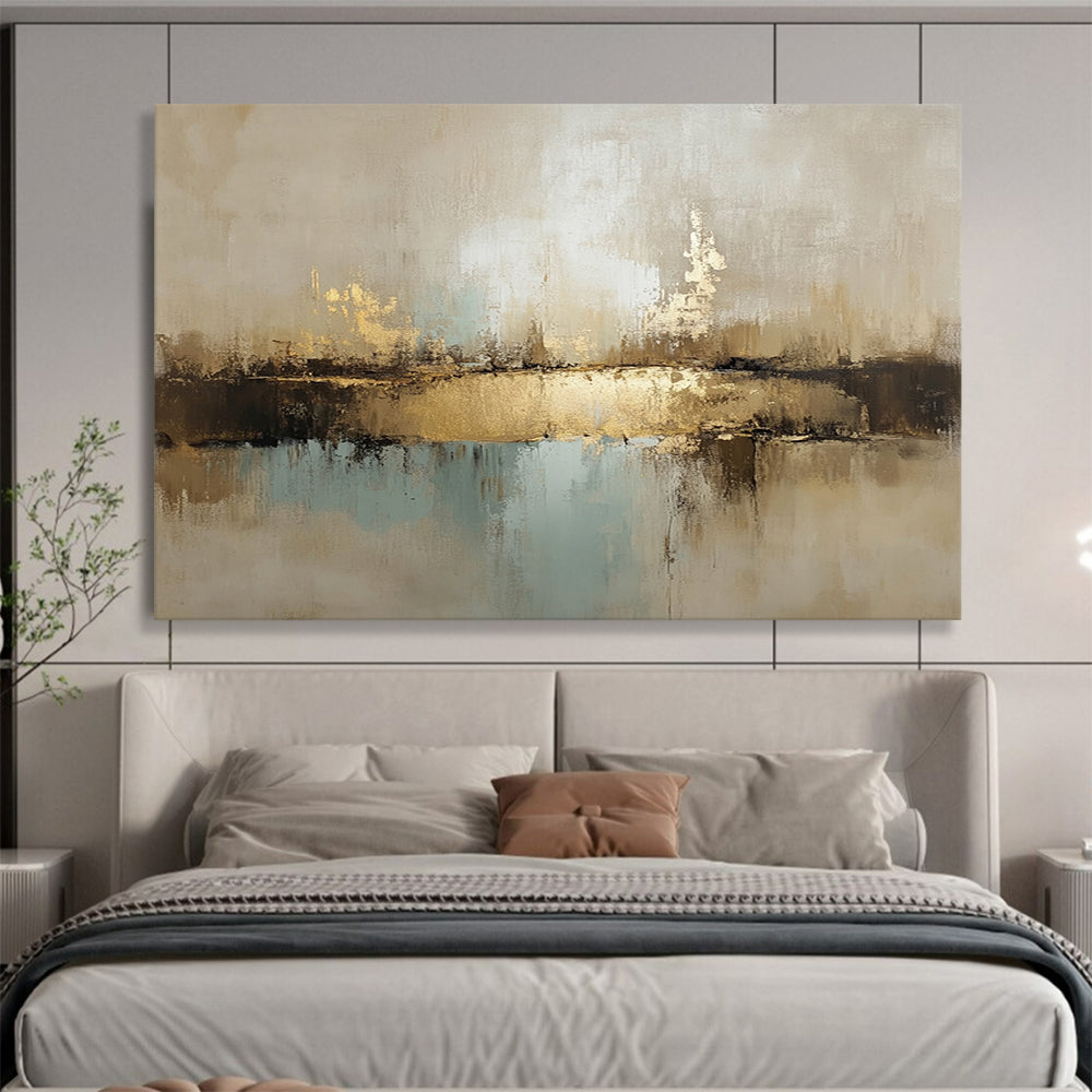 “Neutral Tones Abstract Landscape” - Beige, Gold, Blue, Textured Horizons, Abstract Landscape Painting On Canvas HB0898