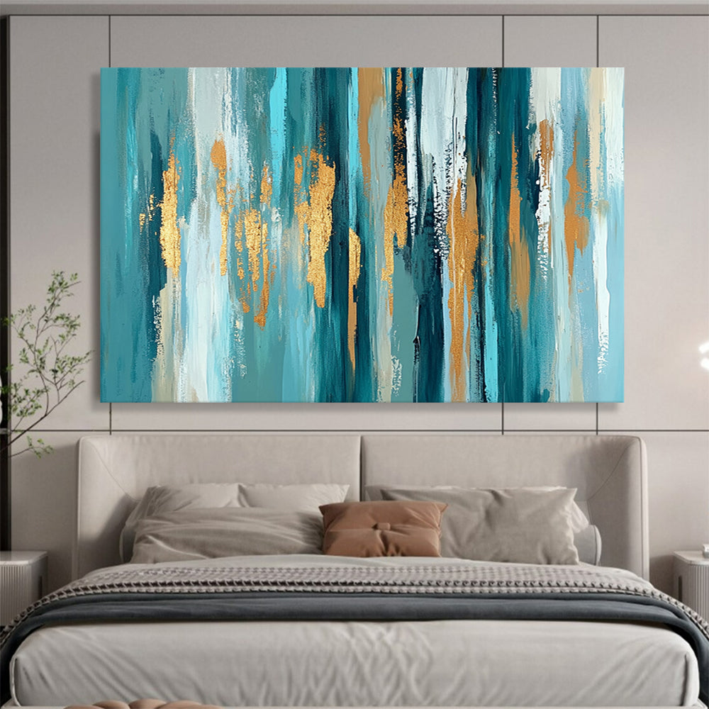 “Teal Gold Vertical Streaks” - Teal, gold, white, beige; Vertical abstract streaks with gold accents HB1289