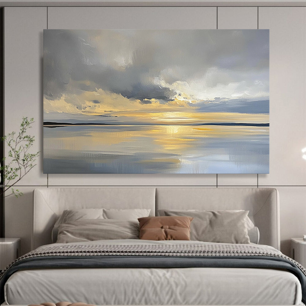 “Sunset Over Calm Waters” - Gray, Gold, Blue, Abstract Landscape Painting On Canvas HB0676