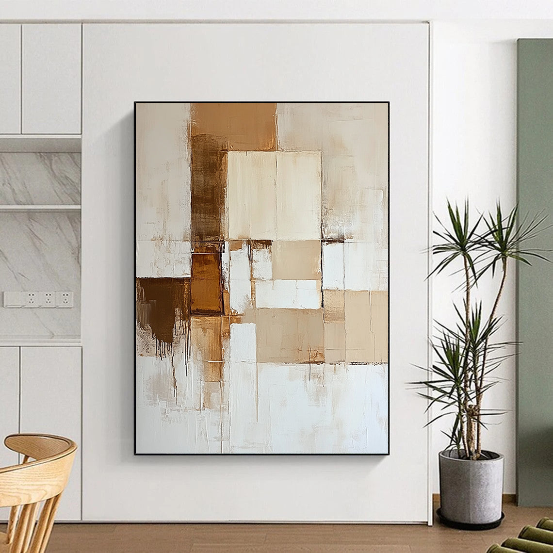 Contemporary hand-painted abstract artwork features neutral tones of beige and white with dynamic color blocks and a striking brown accent. DLZ0527