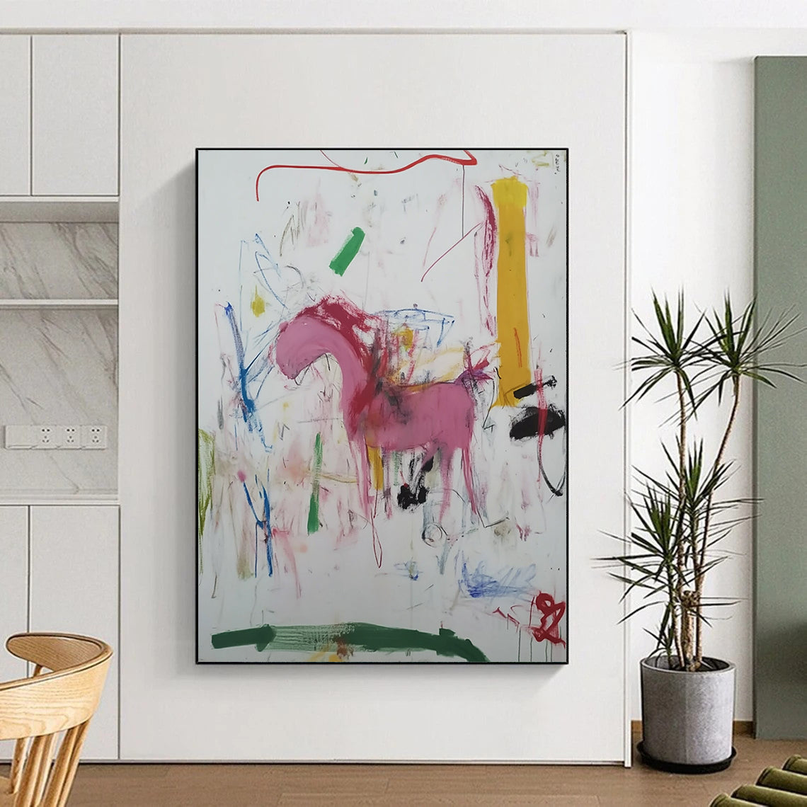 Contemporary abstract artwork featuring vibrant marker scribbles a pink horse a green river a yellow tower and a red arrow accentuating the composition. DLZ1011
