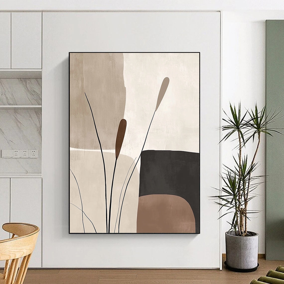 Contemporary abstract artworks feature organic forms in beige and brown tones offering a serene minimalist aesthetic with harmonious geometric patterns. DLZ0791