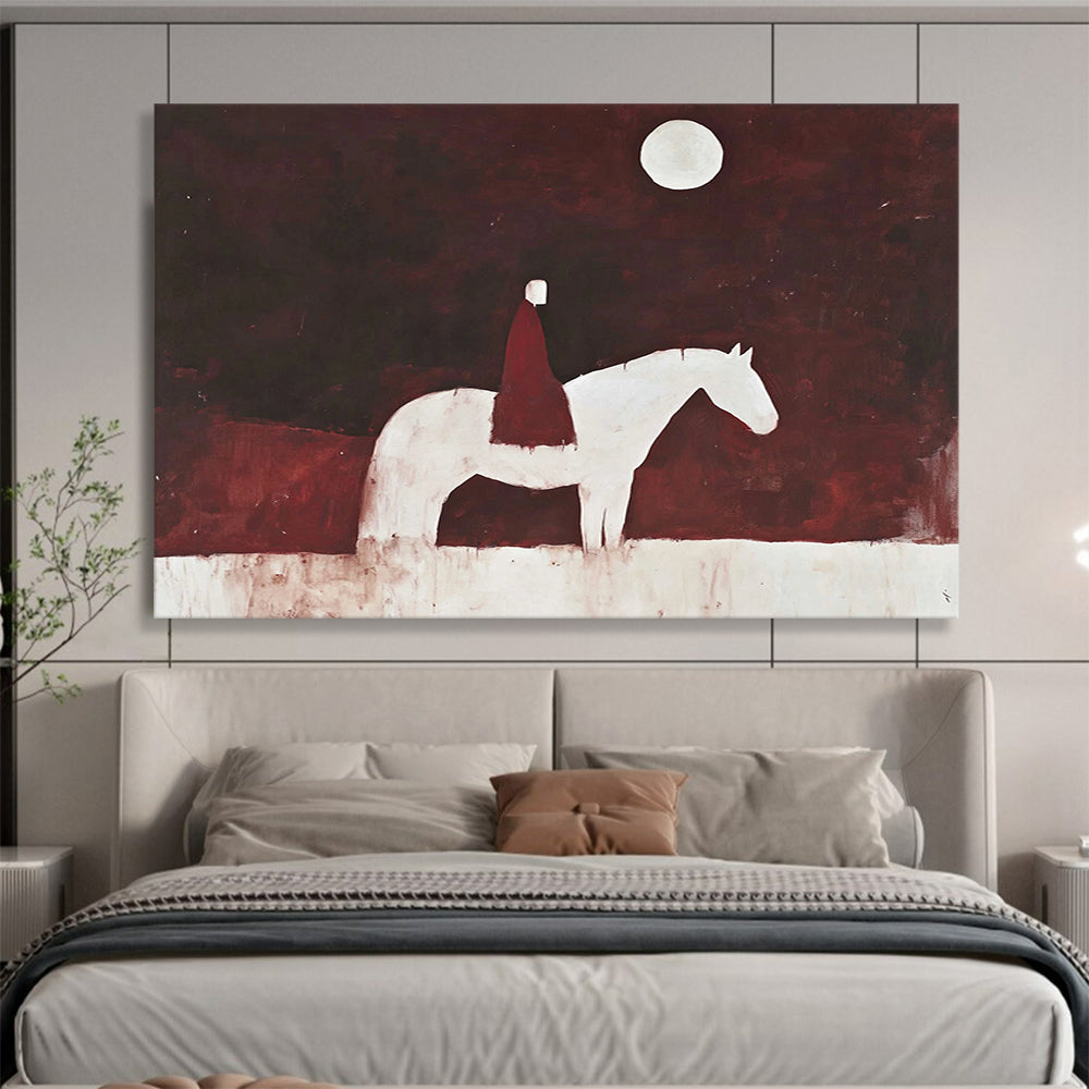 “Moonlit Rider on White Horse” - Dark Red, White, Figurative, Night Sky Painting On Canvas HB0772