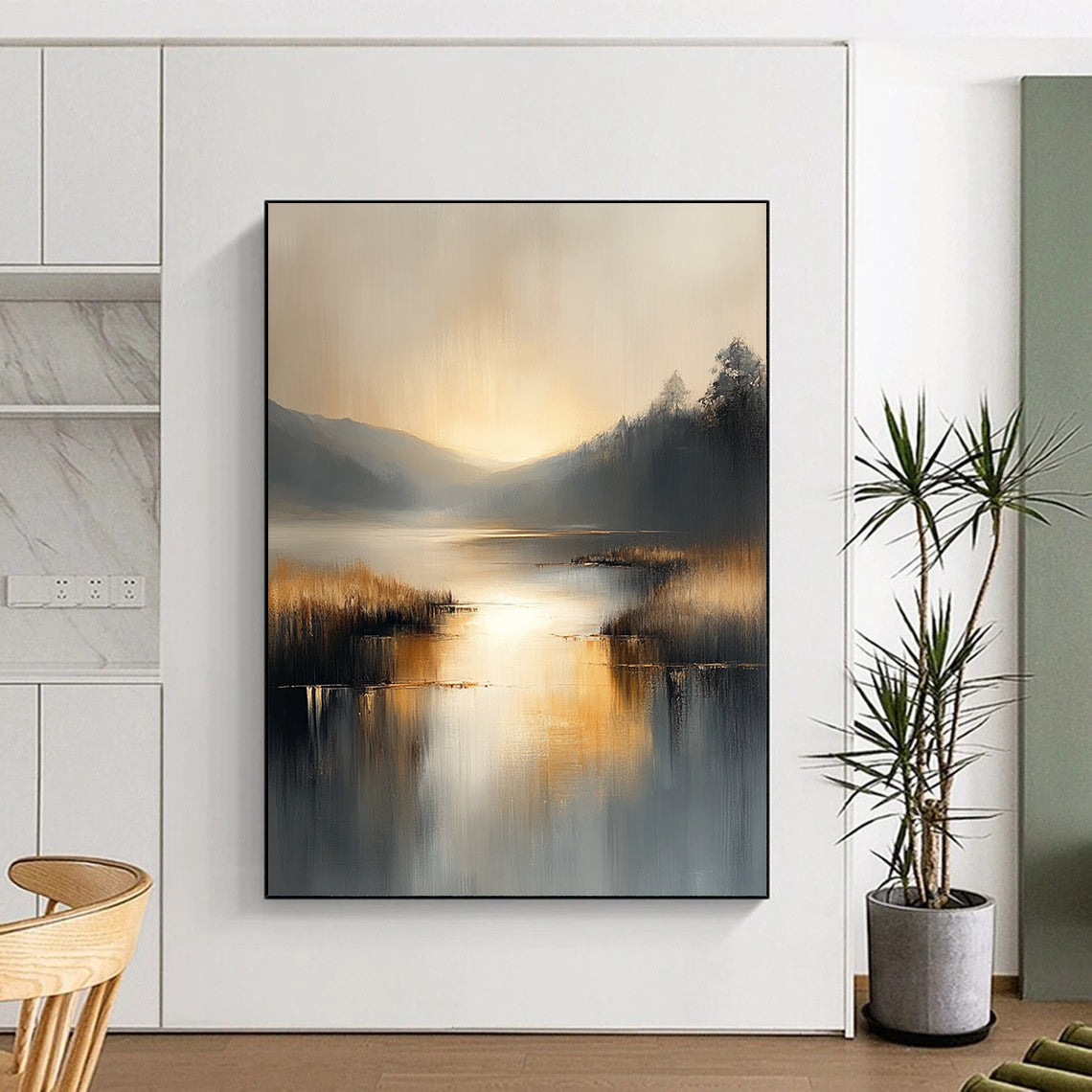 Contemporary abstract painting with soft gray and beige tones reflecting on water evokes serenity in a large canvas illuminated by golden hour light. DLZ0417