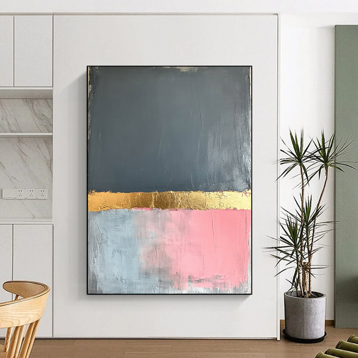 Gray, Gold, Pink, Blue, Horizontal Layers "Gilded Color Divide" Abstract Hard - Edge Painting On Canvas HB165