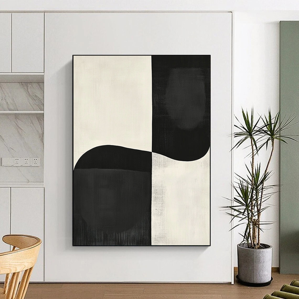 Contemporary abstract painting featuring large black and white shapes inspired by Japandi art and Peter Littleman, perfect for modern decor. DLZ1340