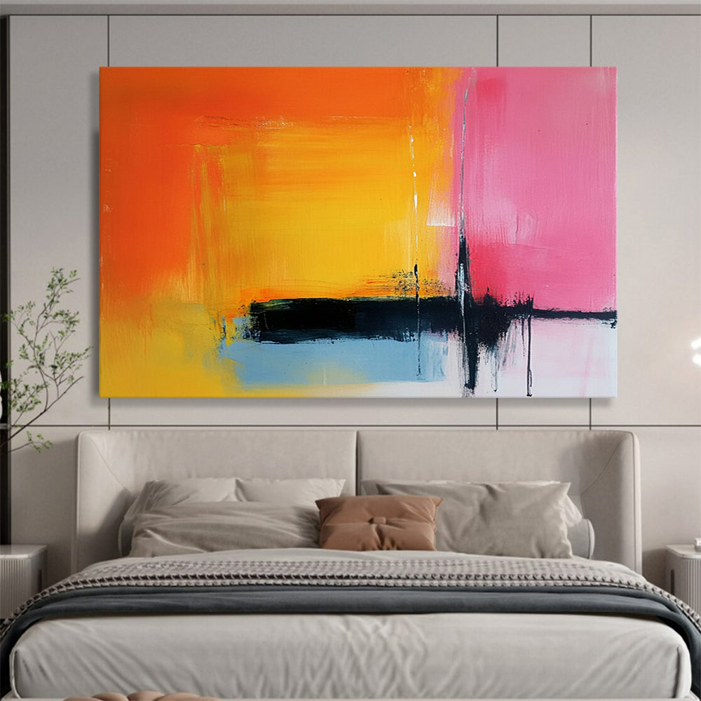 “Orange, Pink, and Blue Abstract Color Blocks” - Orange, pink, blue, yellow, black; Abstract color blocks with drips; Acrylic Painting On Canvas HB1225