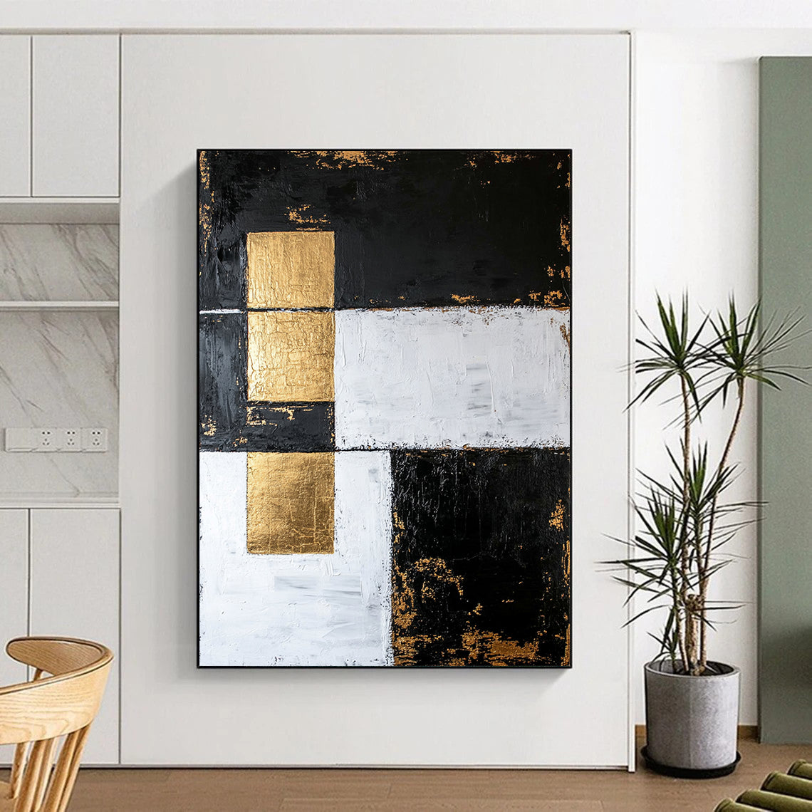 Black, White, Gold, Patchwork Squares "Gilded Fragmented Squares" Abstract Modernist Painting On Canvas HB158