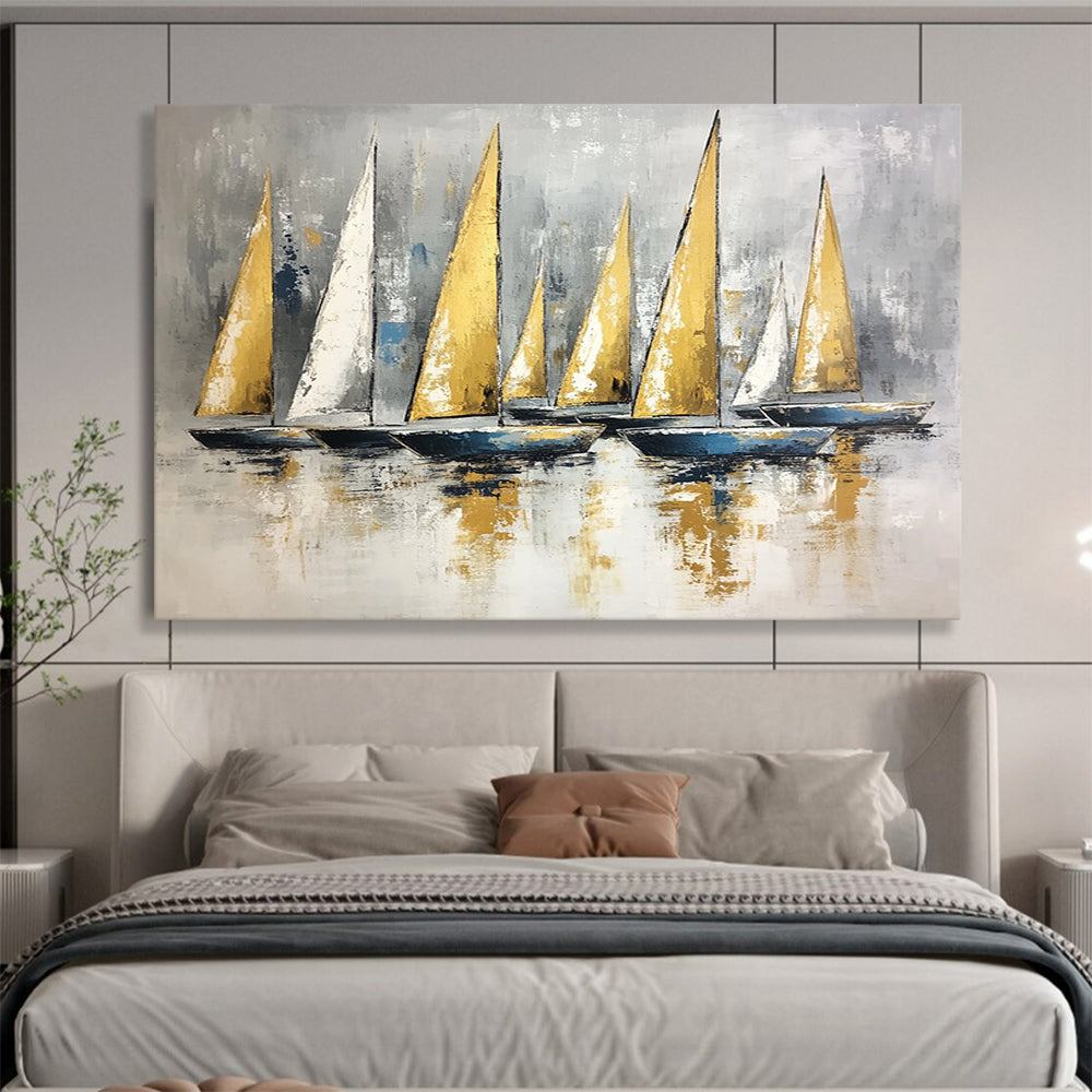 “Gold and Gray Sail Fleet” - Gold, Gray, Blue, Sailboats on Calm Water - Textured Oil Painting HB1733