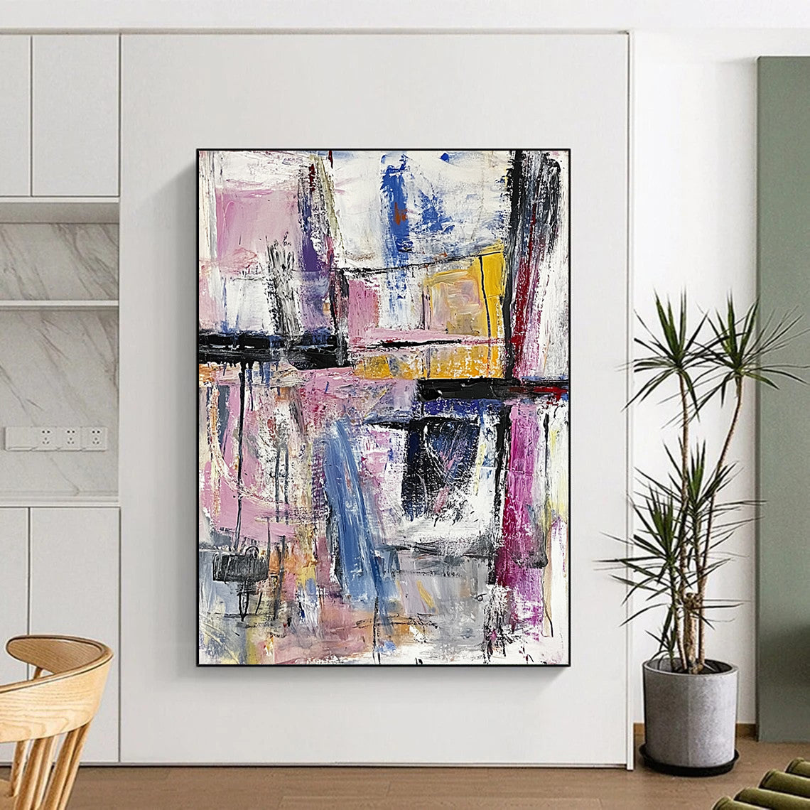 Contemporary hand-painted abstract artwork featuring an expressive urban landscape with bold brushstrokes and a pastel palette creating rich textures. DLZ0967