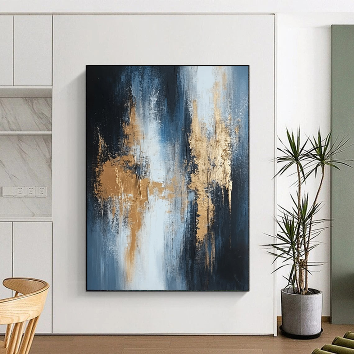 Contemporary hand-painted abstract artwork showcasing textured layers in shades of white black grey beige silver and gold. DLZ0330