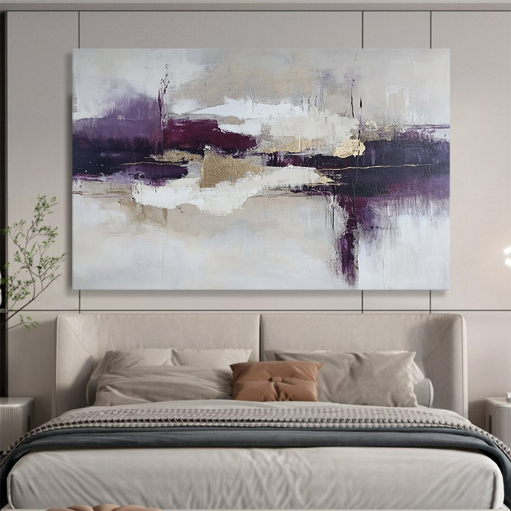 “Elegant Purple Abstract” - Purple, Gold, White, Textured Abstract Shapes Painting On Canvas HB0953