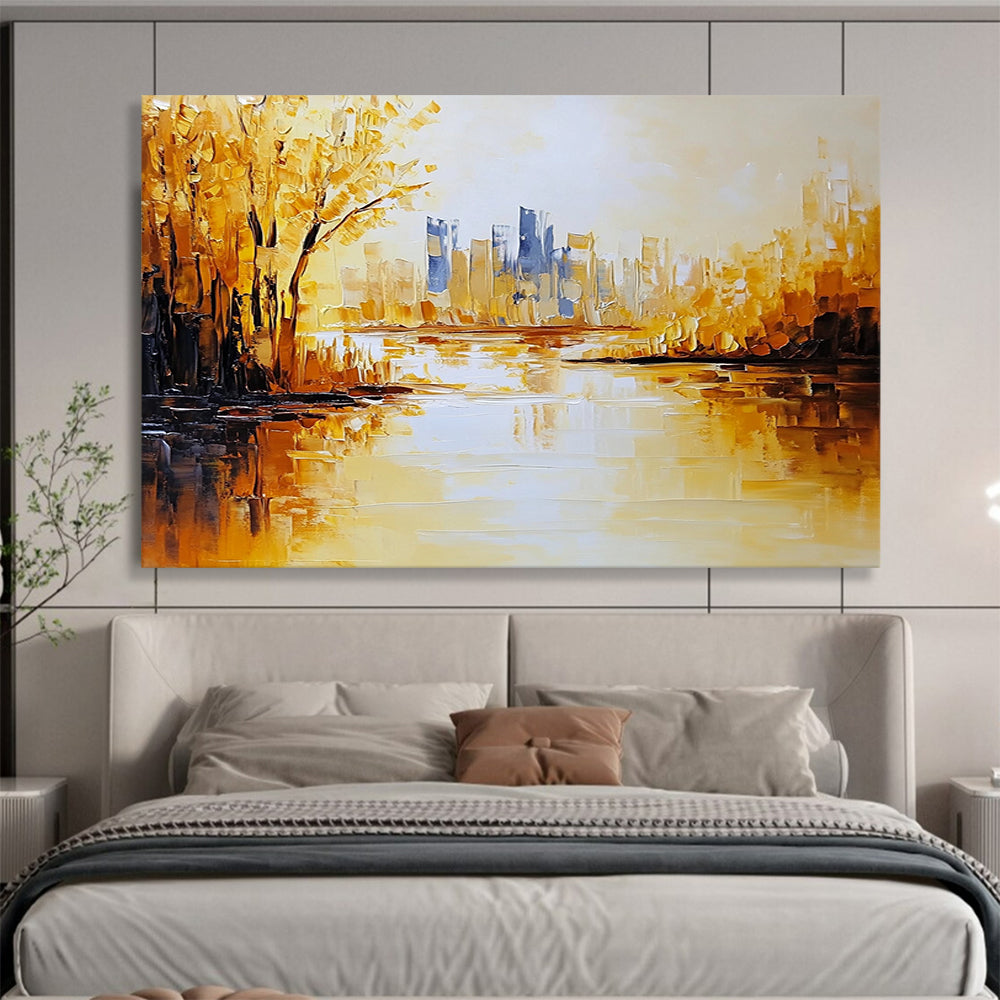 “Golden Cityscape” - Gold, Blue, Yellow, Shimmering City and Reflective River Painting On Canvas HB0934