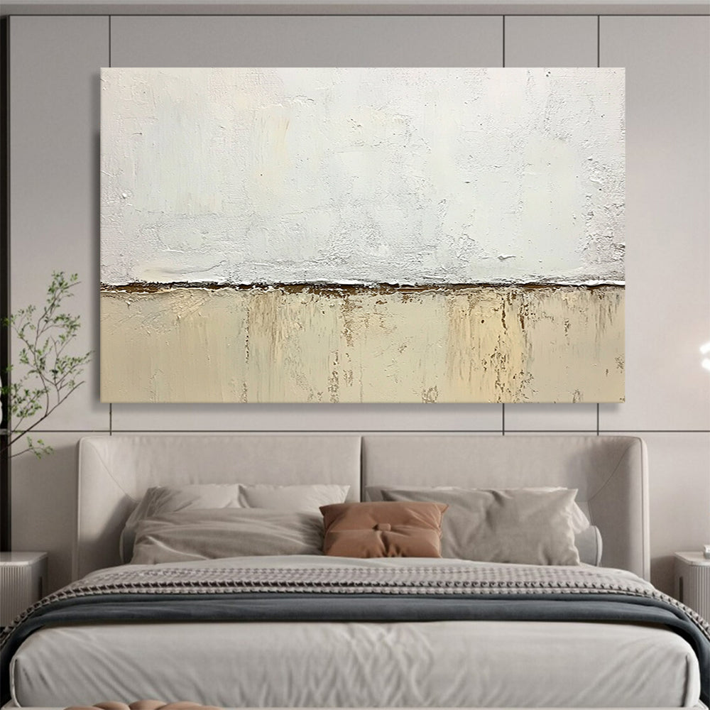 “Minimalist Textured Divide” - White, beige, brown; Textured white and beige divide on a canvas; Soft Acrylic Painting On Canvas HB1200