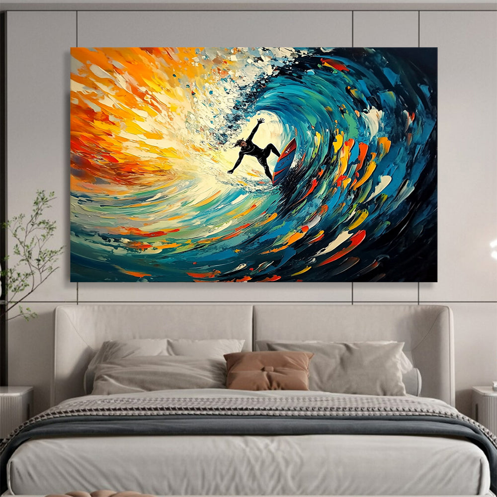 “Surfing The Color Wave” - Blue, Orange, Surfing Oil Painting On Canvas HB0722
