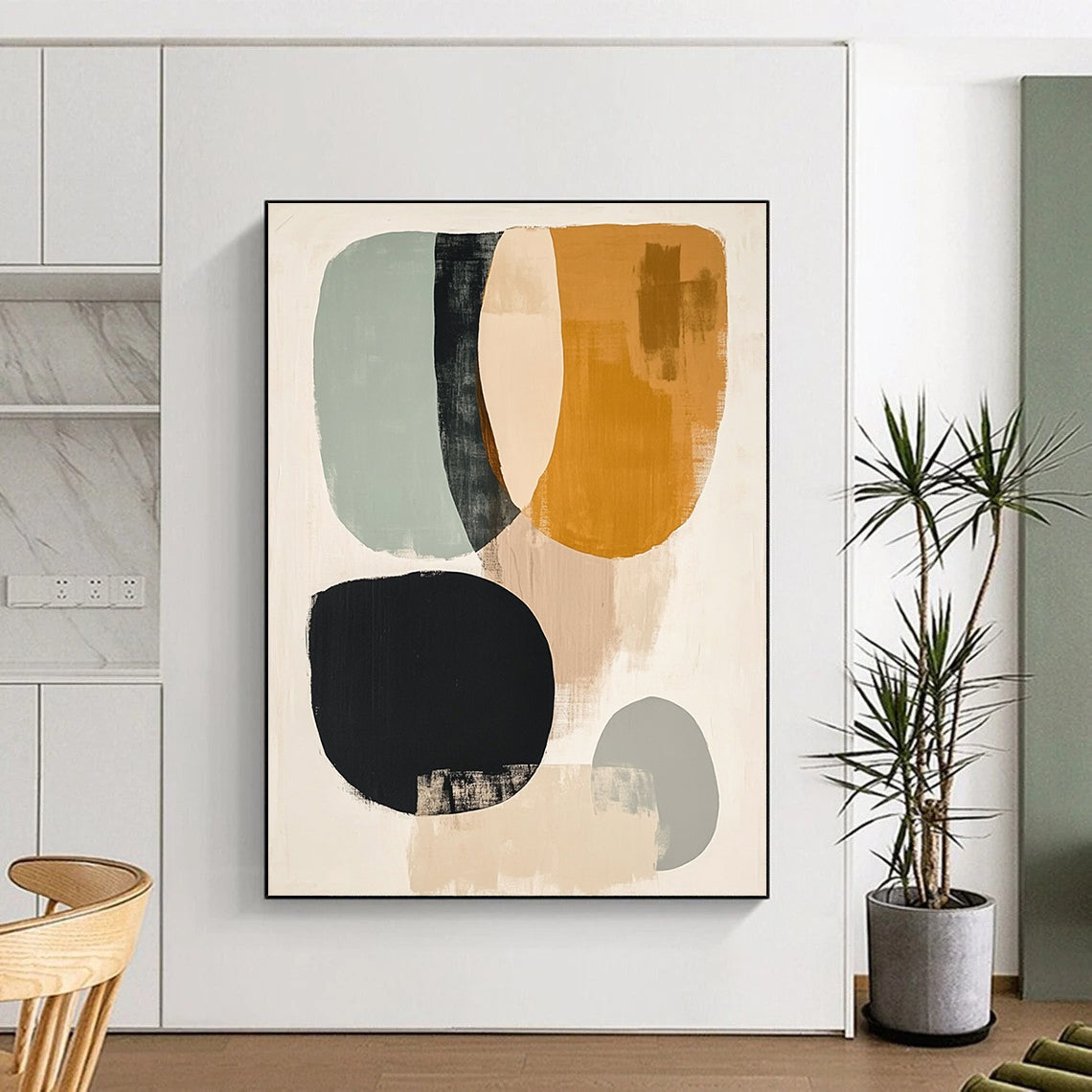 Contemporary hand-painted abstract art featuring muted colors black lines pale yellow circle sage green oval burnt sienna half-circles and gray circle on a white background. DLZ0799
