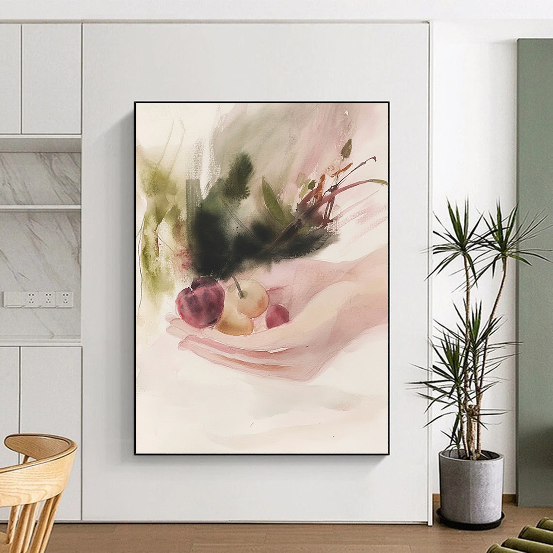 Contemporary abstract watercolor artwork depicting hands holding fruits with romantic wilderness elements in soft pink and dark emerald hues. DLZ0814