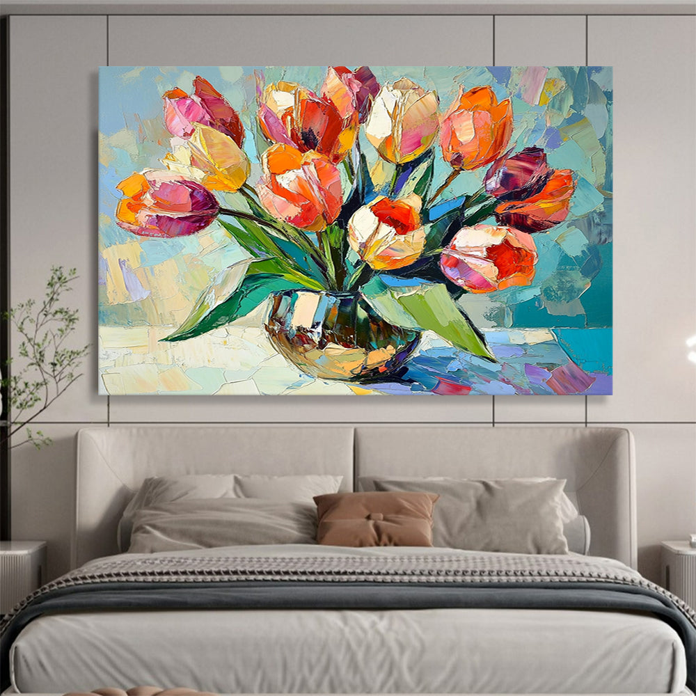 “Colorful Tulip Vase” - Vivid Oranges, Pinks, Purples, Lively Tulip Arrangement - Cubist - Inspired Oil Painting HB1723