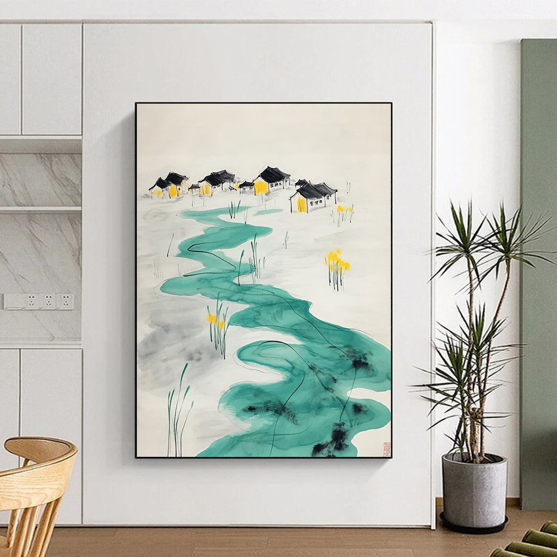 Contemporary hand-painted abstract art features turquoise ripples leading to village houses with yellow figures at an oasis surrounded by serene water lilies. DLZ1565