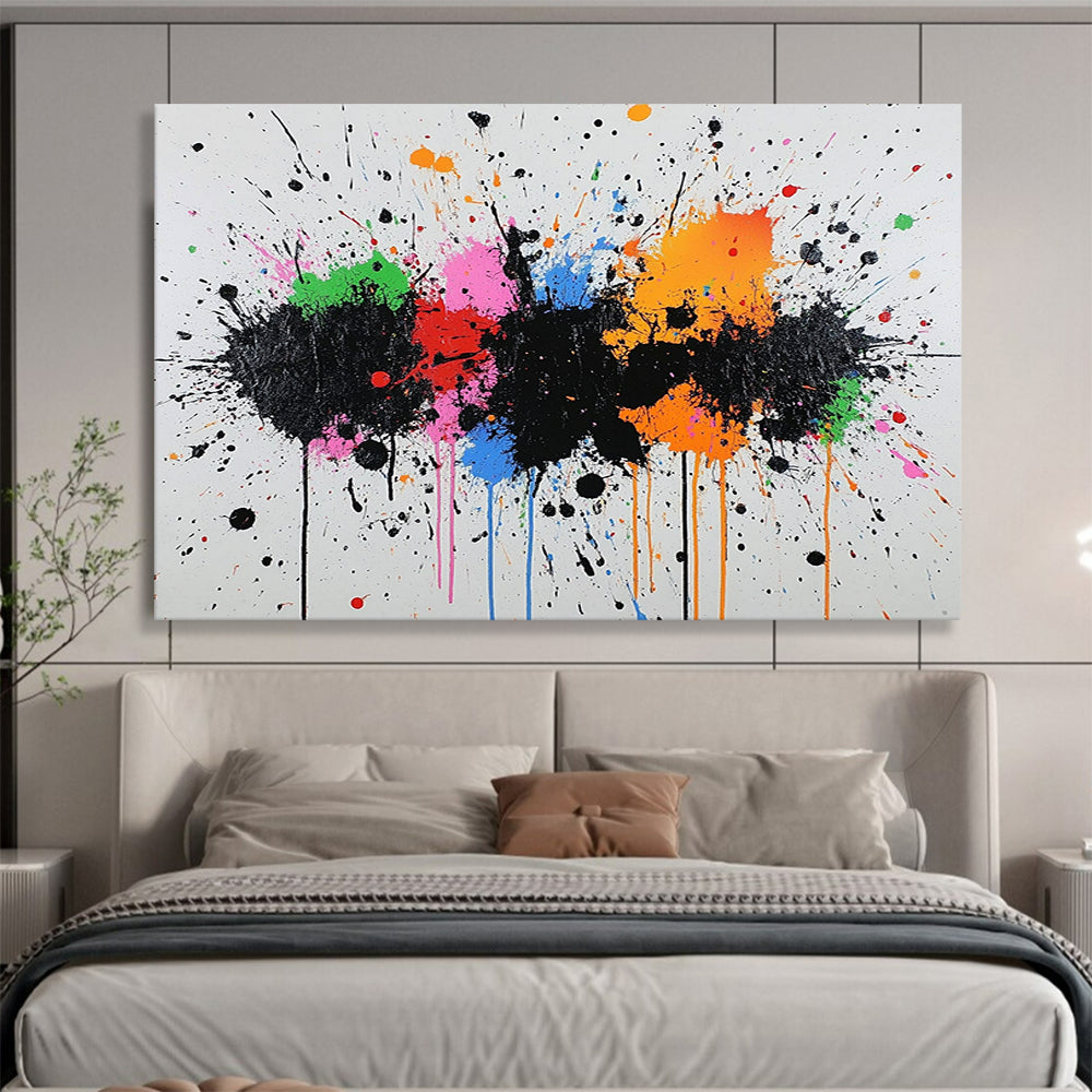 “Color Splash Carnival” - Black, rainbow splatters; Energetic paint splatters on white; Abstract Expressionist Acrylic Painting On Canvas HB1171