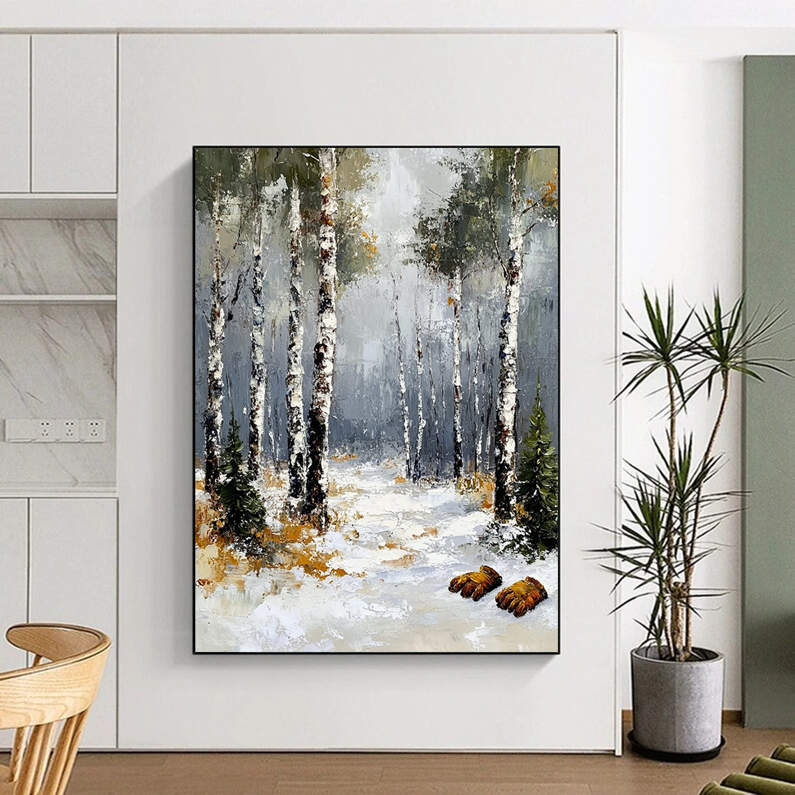 Contemporary abstract art featuring a winter birch forest with a grey sky textured brush strokes and fuzzy gloves in the foreground. DLZ1678