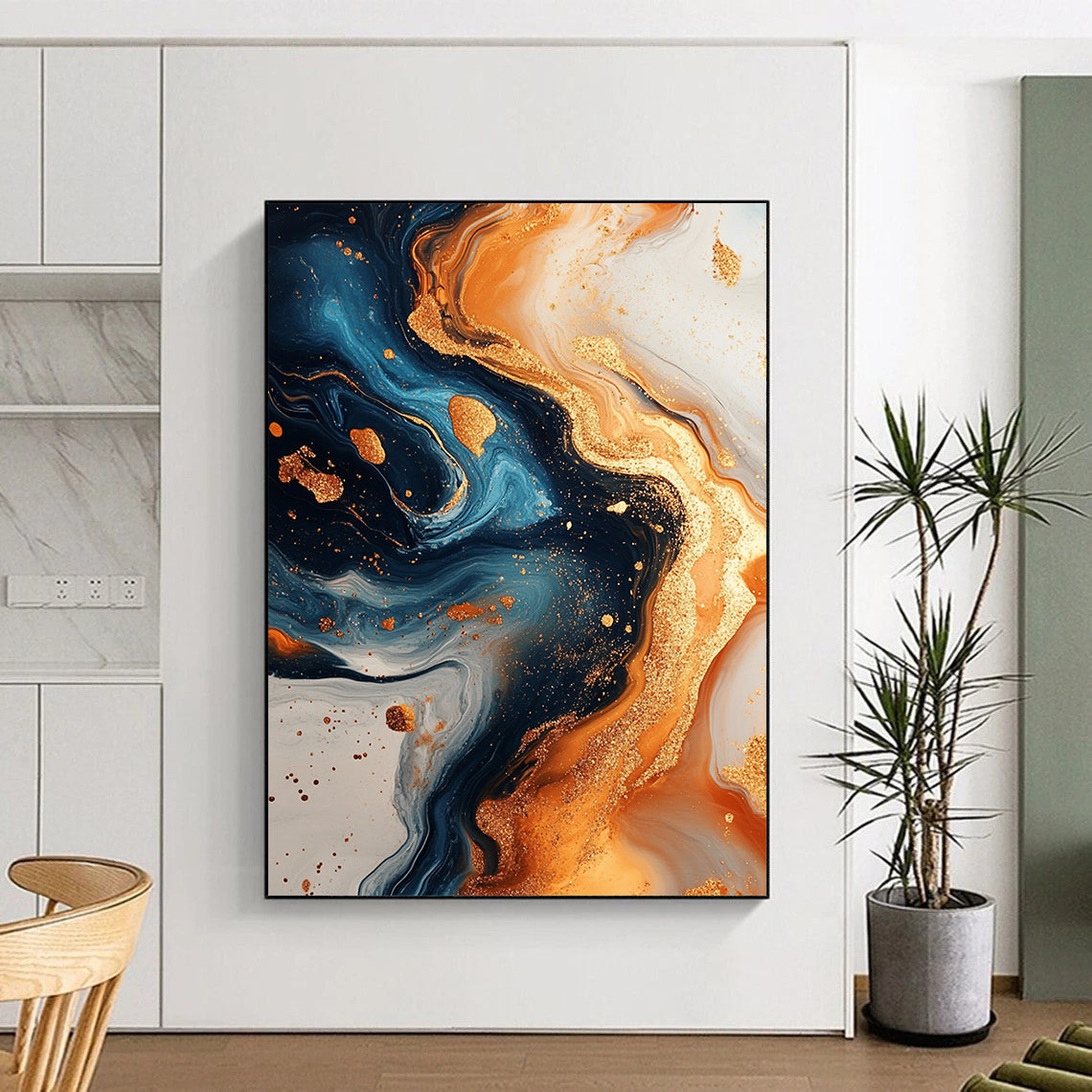 Contemporary hand-painted abstract artwork showcasing swirling gold and navy blue with marble textures and glitter. Perfect for modern decor. DLZ0848