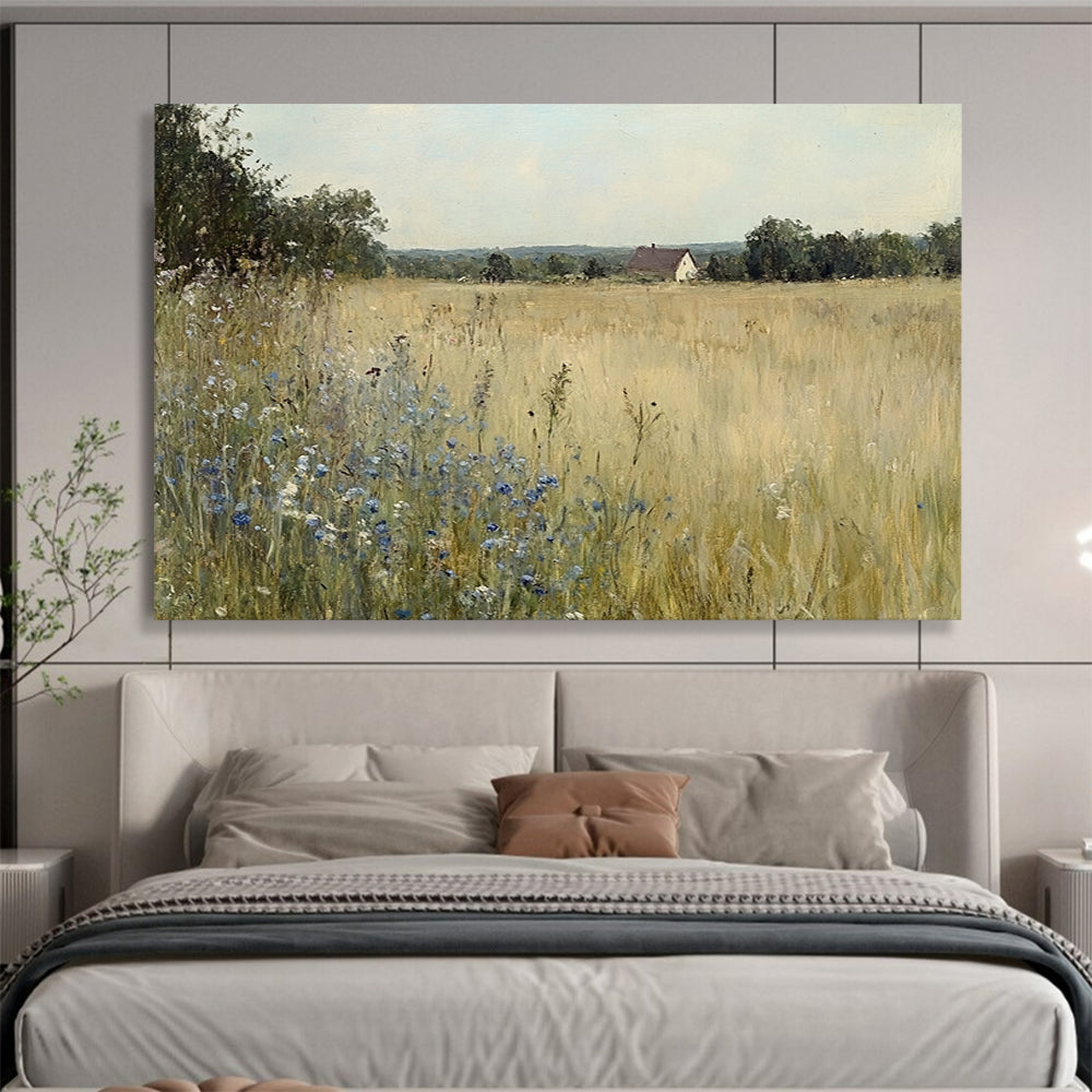 “Rustic Field with Cottage” - Serene field of gold with blue flowers and a distant cottage, Realist Landscape Painting On Canvas HB0544