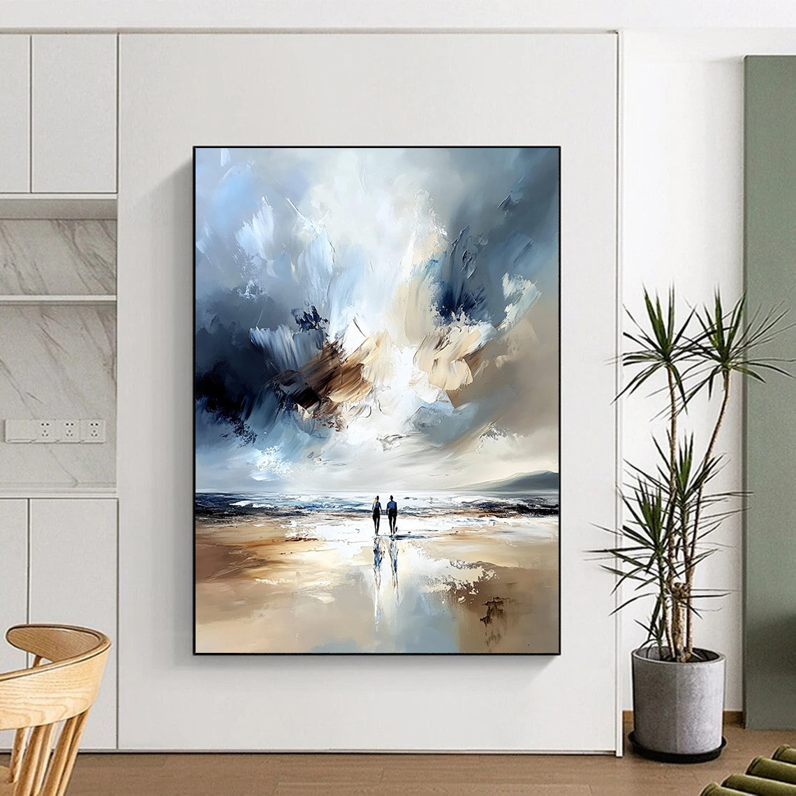 Contemporary abstract painting featuring two figures on a beach with a vast sea soft tones expressive brushstrokes and ethereal light effects. DLZ1126