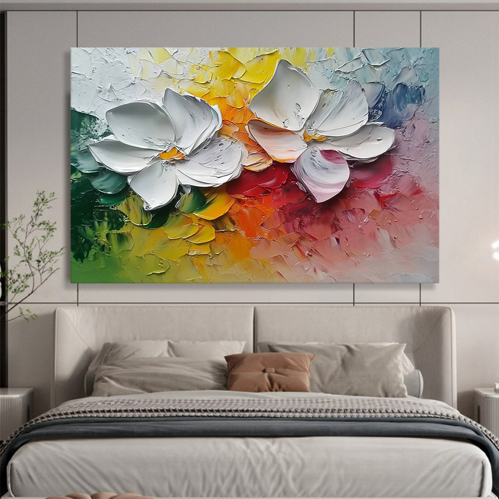 “3D White Flowers on Colorful Background” - White, Yellow, Red, Green, Impasto Floral Painting On Canvas HB1015