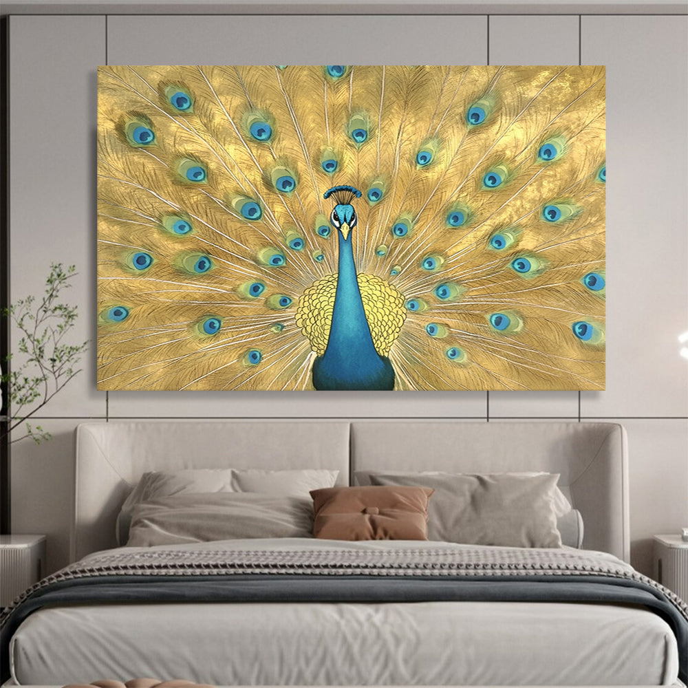 “Golden Peacock Display” - Gold, Blue, Green, Ornate Animal Painting On Canvas HB0687