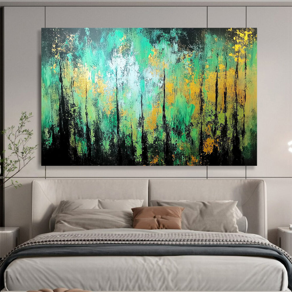 “Enchanted Forest Abstract” - Green, Teal, Gold, Black with Tree - like Forms - Painting On Canvas HB1382