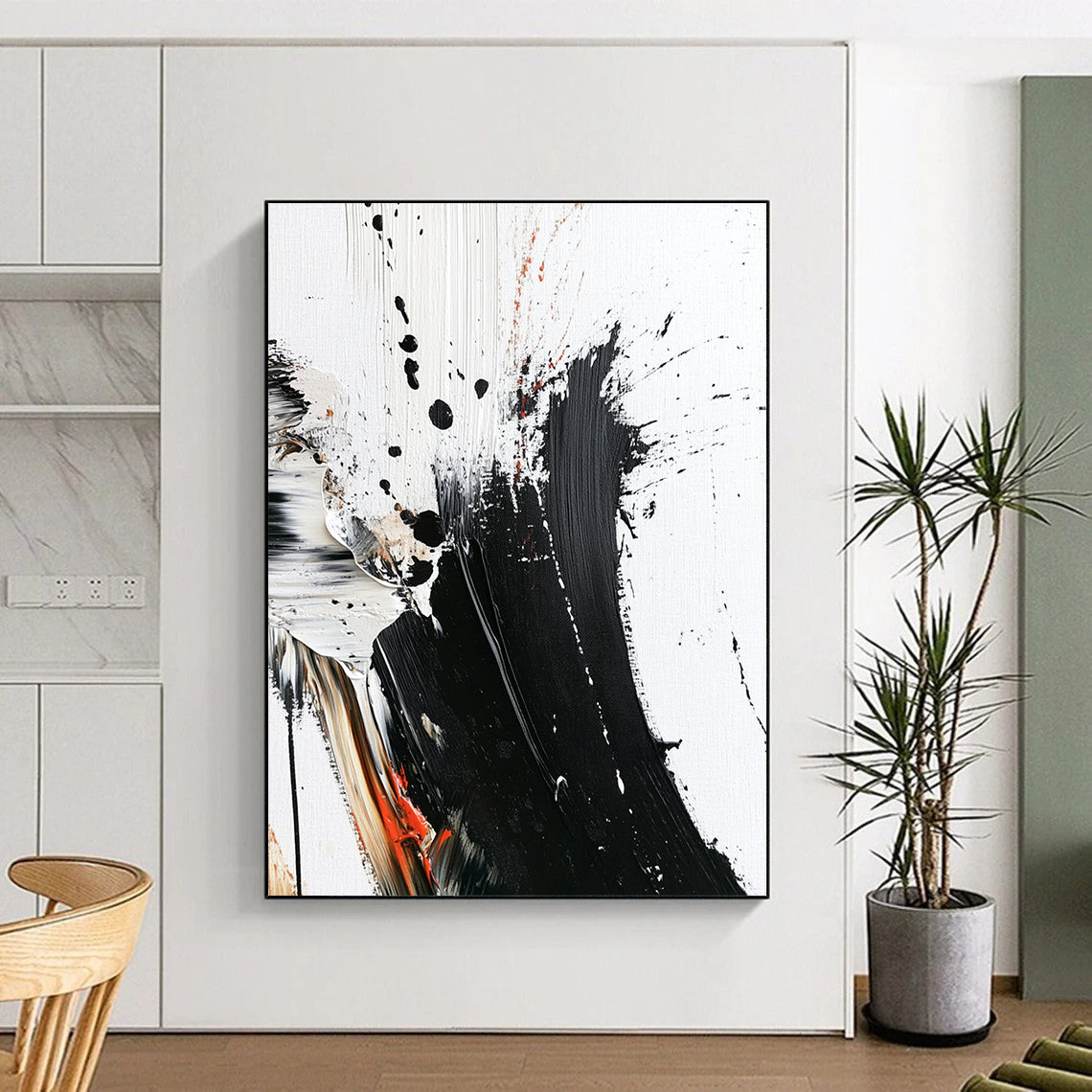 Contemporary abstract painting with bold brush strokes thick texture and striking color splashes on white canvas minimalistic design high contrast art piece. DLZ0312