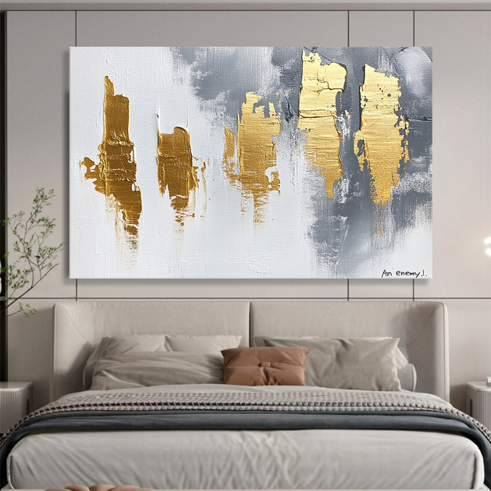 “Gray - Gold Strokes” - White, Gray, Gold with Bold Strokes - Abstract Acrylic Painting HB1339