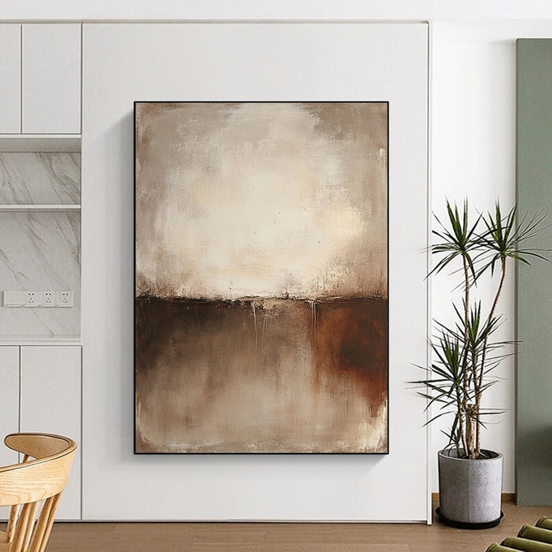 Large contemporary hand-painted abstract art featuring a textured wall in warm brown and cream tones. Perfect for modern decor. DLZ1379