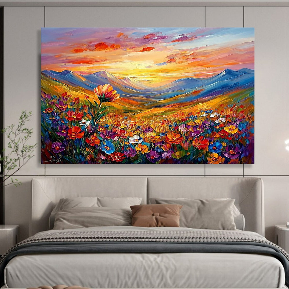 “Sunset Mountain Flower View” - Colorful, Mountains, Flowers, Sunset Painting On Canvas HB0748
