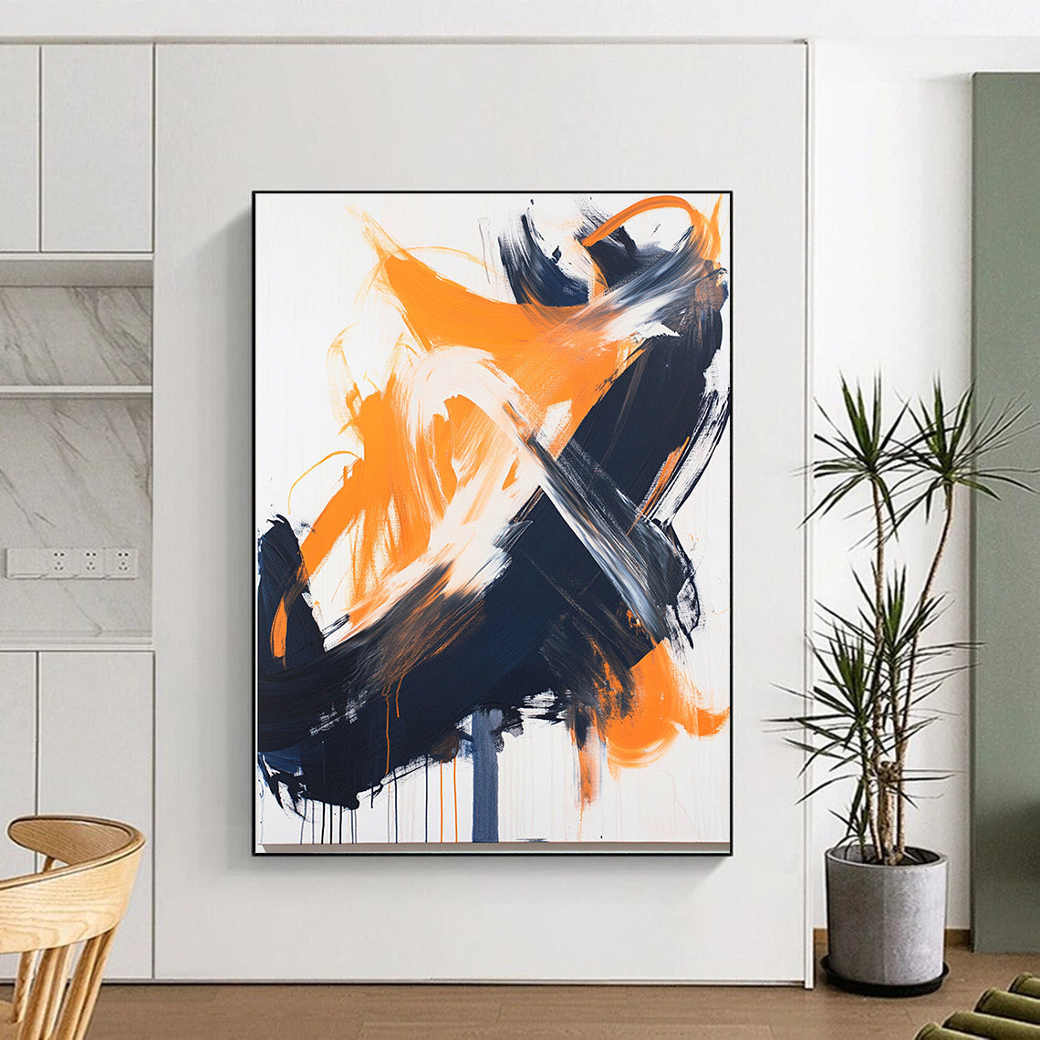 White, Orange, Black, Gray, Bold Brushstrokes "Fiery Clash" Abstract Expressionist Painting On Canvas HB056