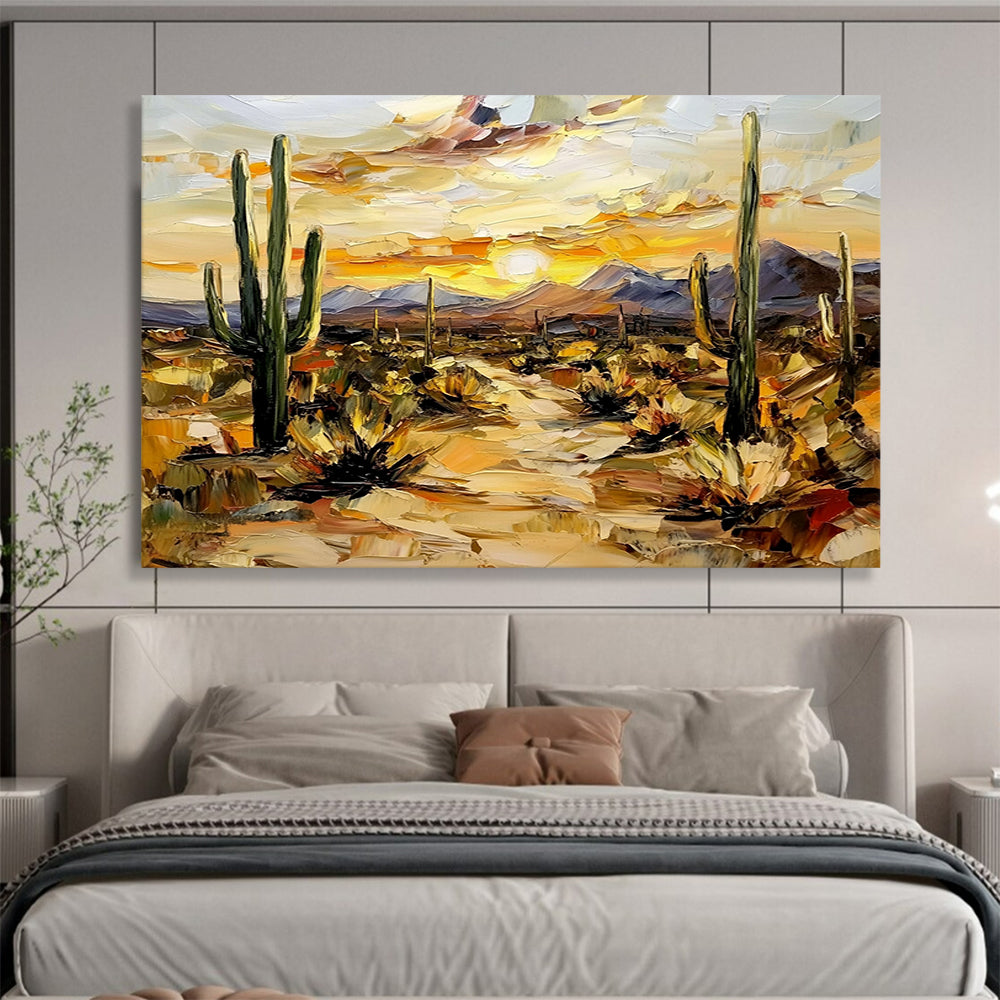 “Desert Sunset with Cacti” - Warm Oranges, Yellows, Greens, Desert Landscape with Cacti - Impasto Oil Painting HB1686