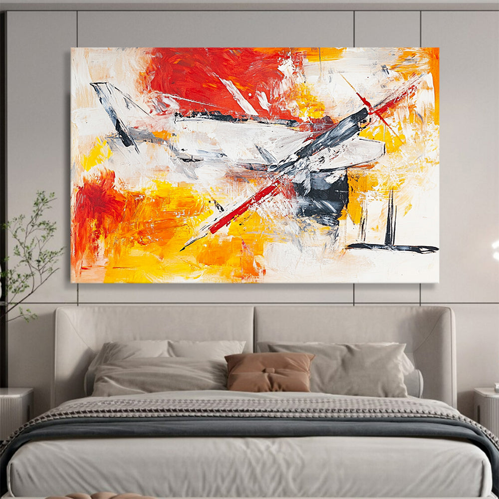 “Dynamic Aircraft Abstract” - Red, Yellow, White, Gray with Energetic Strokes - Painting On Canvas HB1371