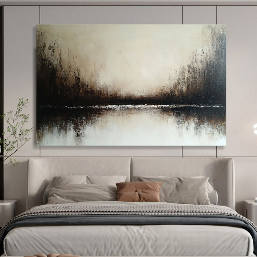“Misty Landscape in Neutral Tones” - Beige, brown, white; Abstract misty landscape with a reflective body of water; Soft Oil Painting On Canvas HB1203