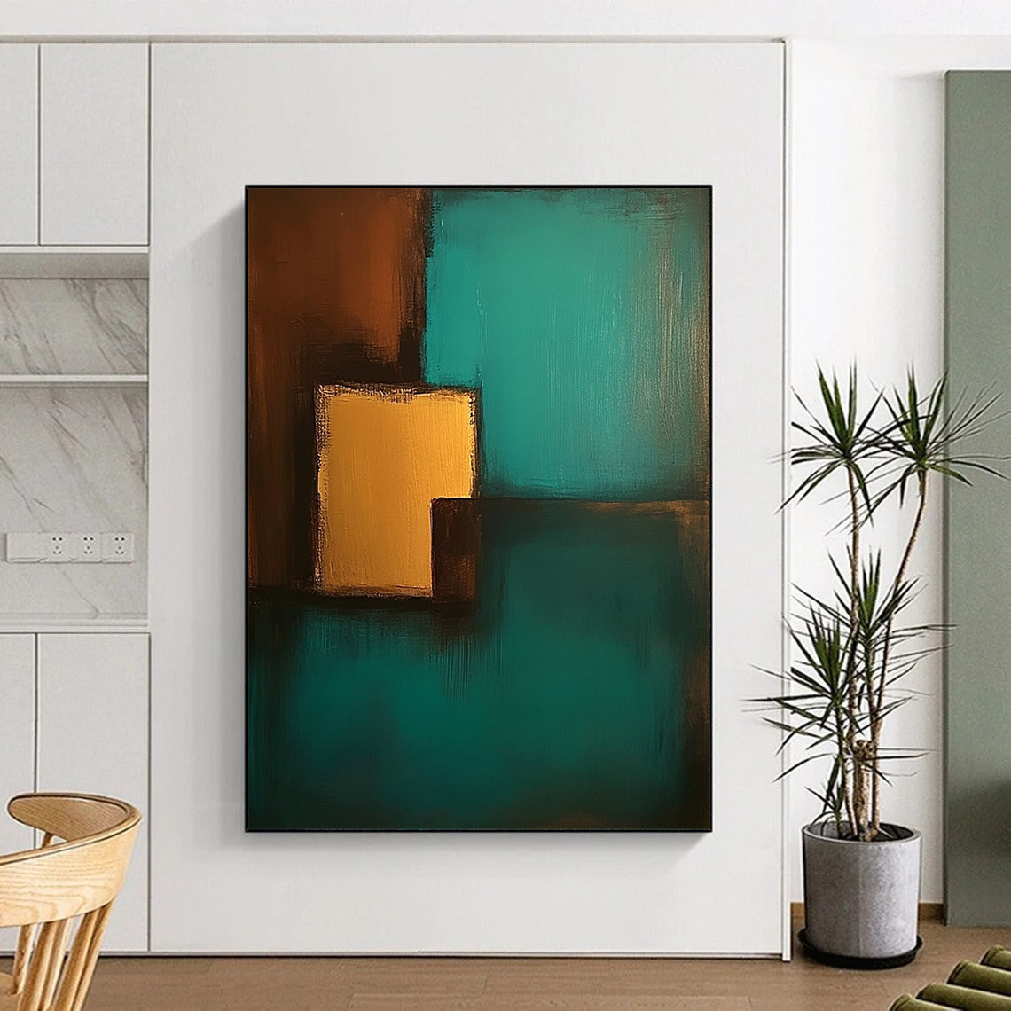 Contemporary hand-painted abstract art featuring teal and brown colors with simple shapes and low contrast for a soothing aesthetic. DLZ1065