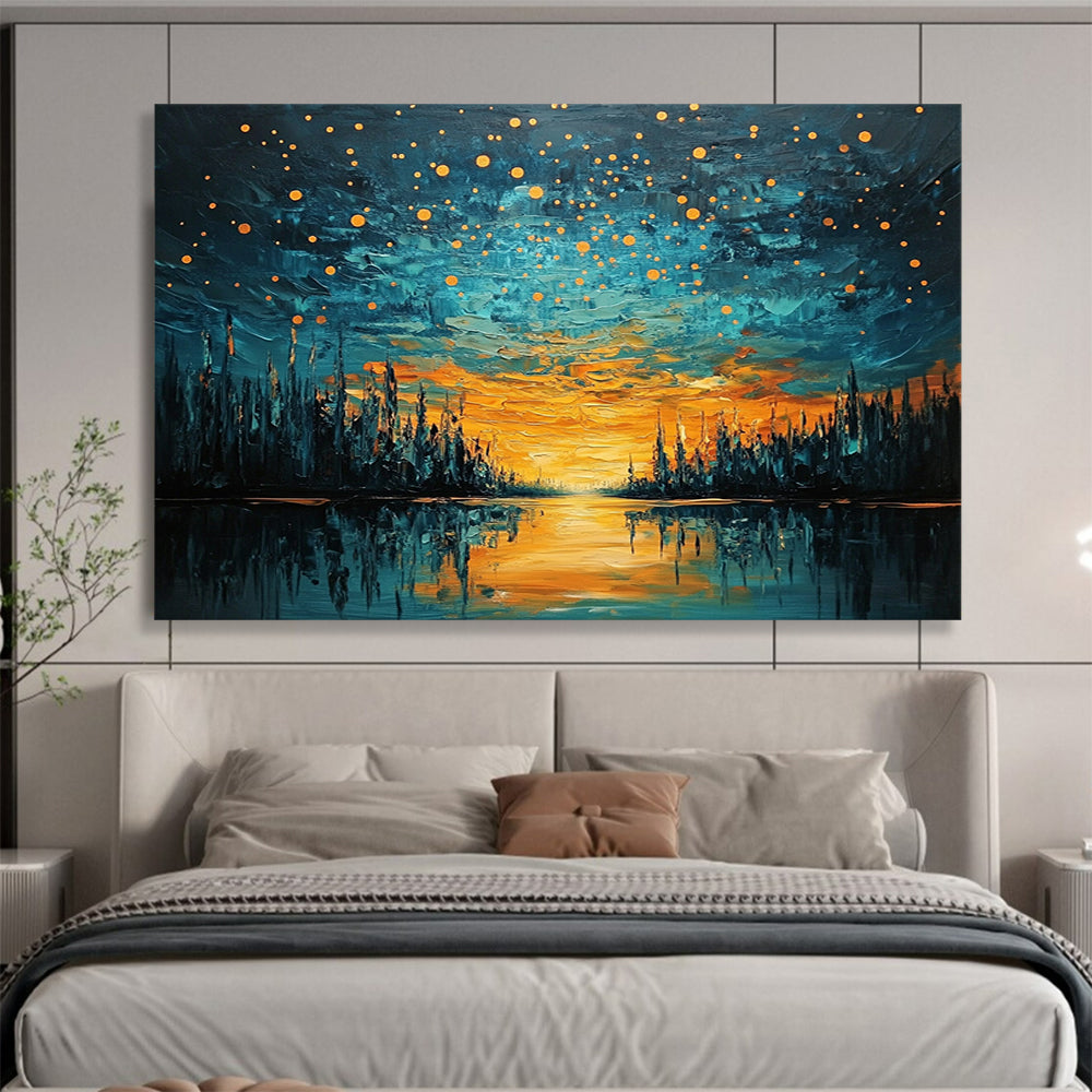 “Starry River Sunset” - Orange, Blue, River & Starry Sky Oil Painting On Canvas HB0719