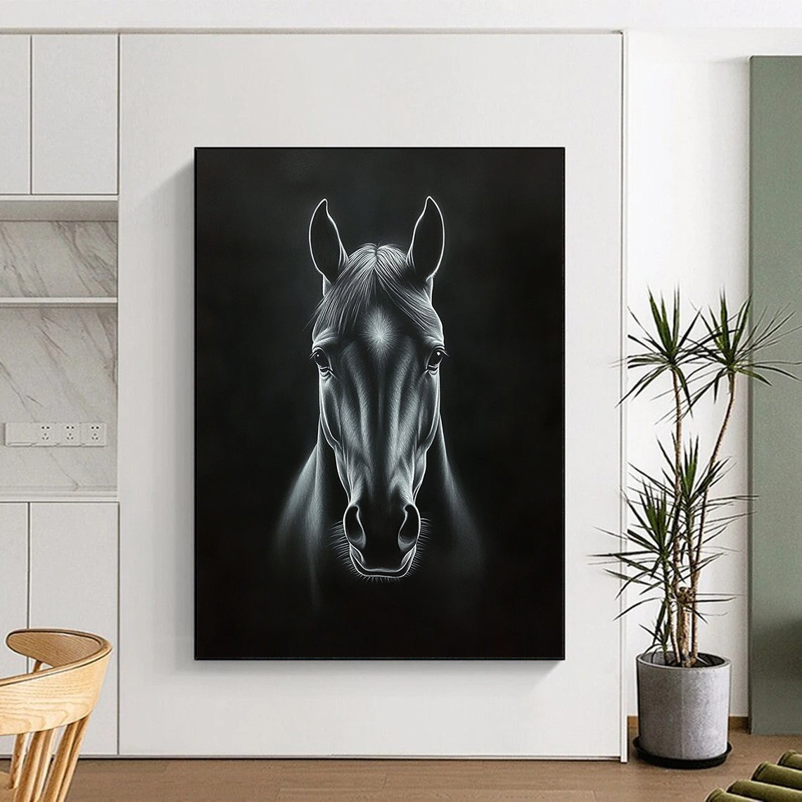 Contemporary handcrafted painting featuring a horse's head in black and white with dramatic chiaroscuro effects and deep shadows on a dark background. DLZ1443