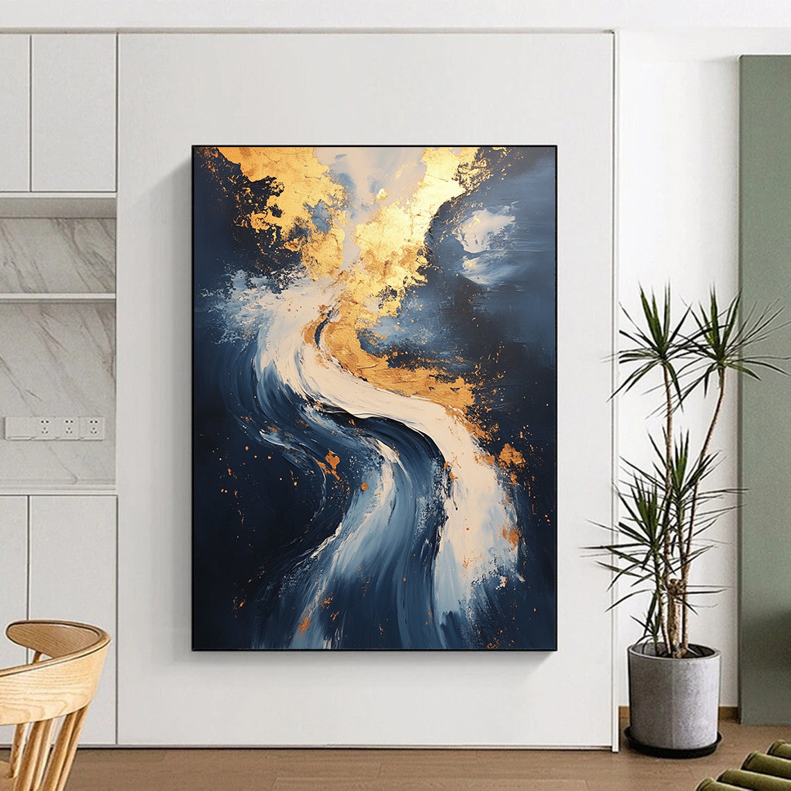 Contemporary abstract painting showcases flowing water and serene clouds with gold leafing and ultra-detailed textures for a captivating experience. DLZ0332