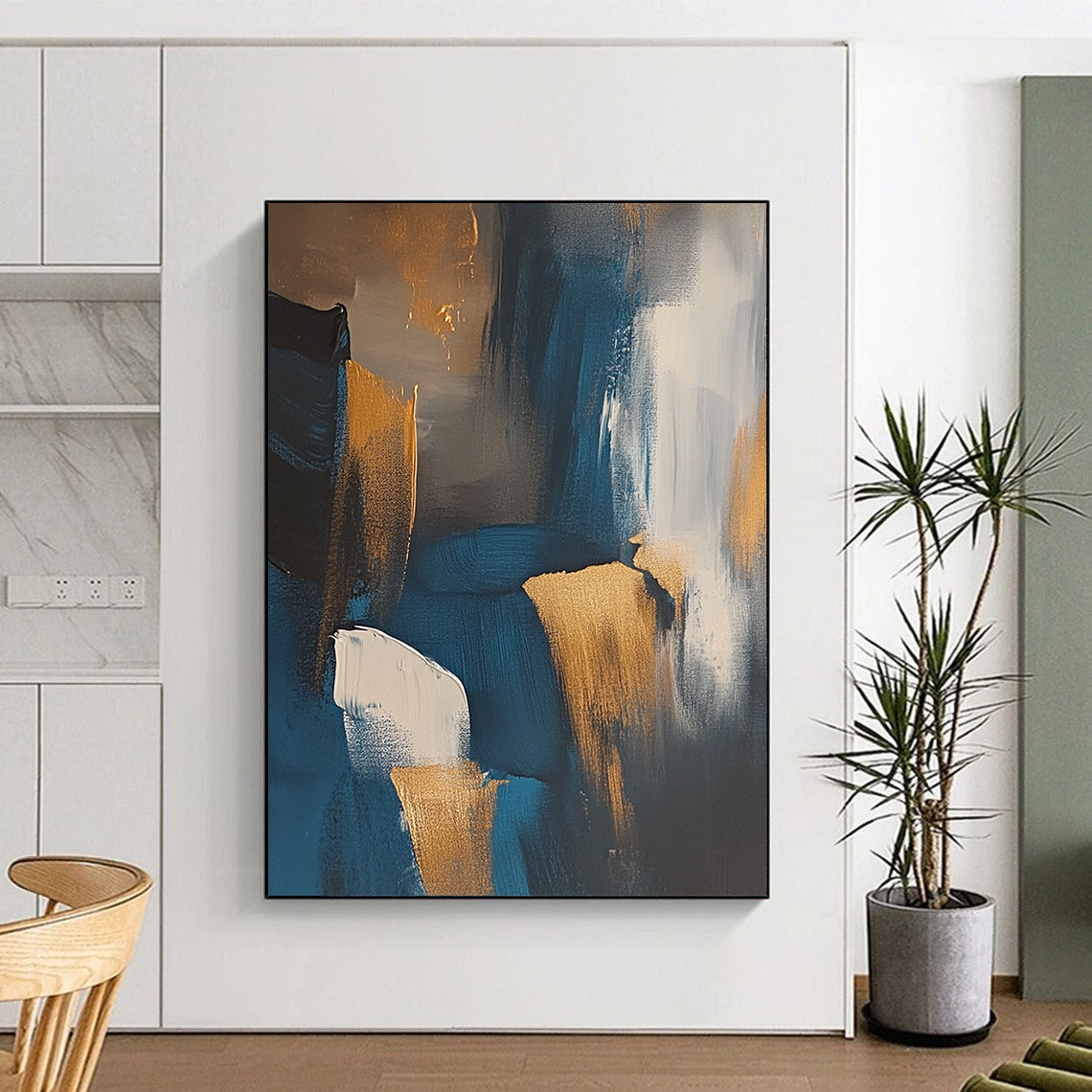 Contemporary abstract art depicting the Irish coast featuring dark blue and gold tones with expressive brush strokes and muted colors. DLZ1002