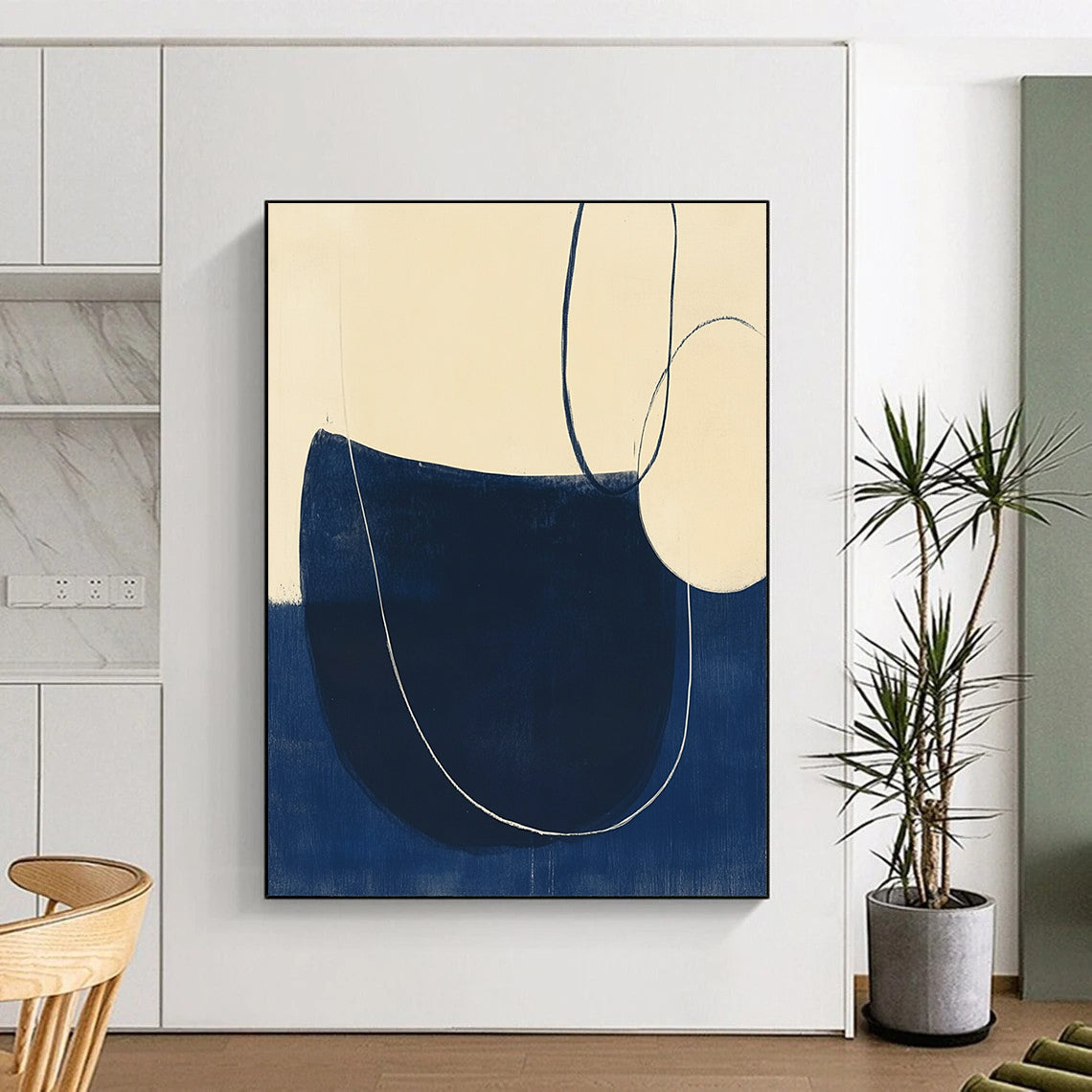 Contemporary hand-painted abstract artwork featuring minimalist line drawings, elegant curves, and a navy blue and cream palette in woodblock print style. DLZ1633