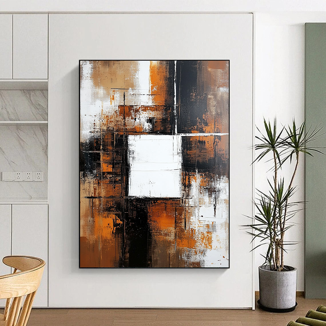 Contemporary hand-painted abstract artwork features a brown and white background with color blocks, a central white square, dark orange accents, and neutral tones. DLZ0701