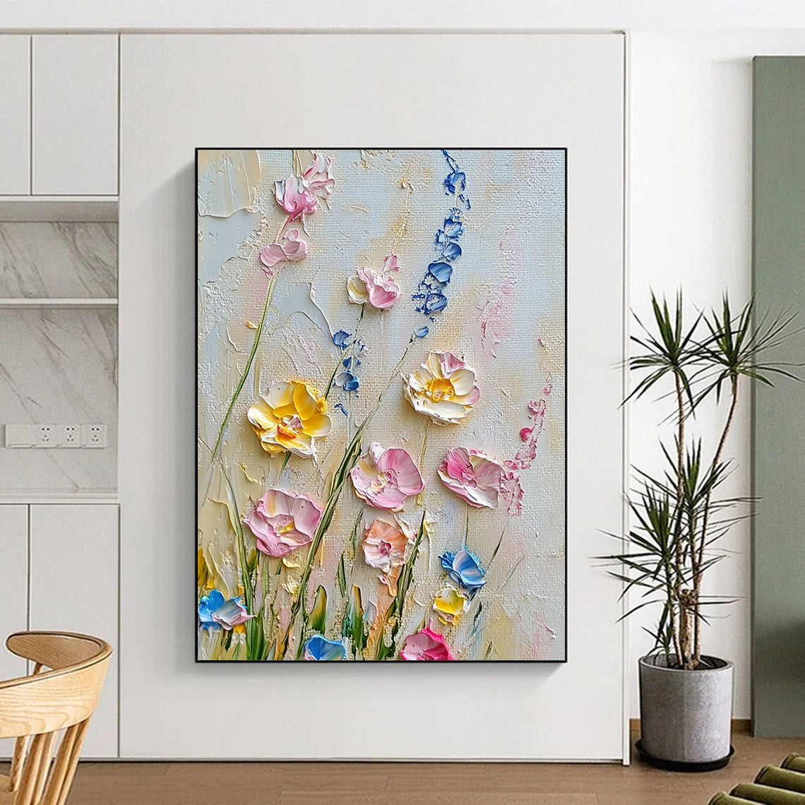 Contemporary hand-painted abstract artwork showcases delicate wildflowers in pastel pinks yellows and blues against a crisp white background. DLZ1246
