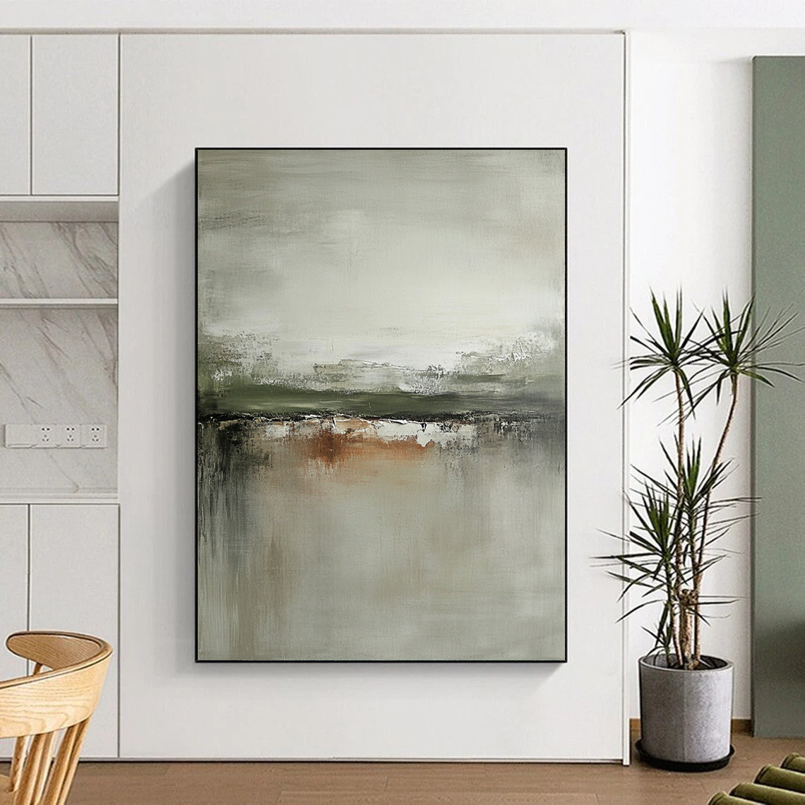 Large contemporary hand-painted abstract art featuring neutral tones grays and sage green with distressed edges on canvas. DLZ0439