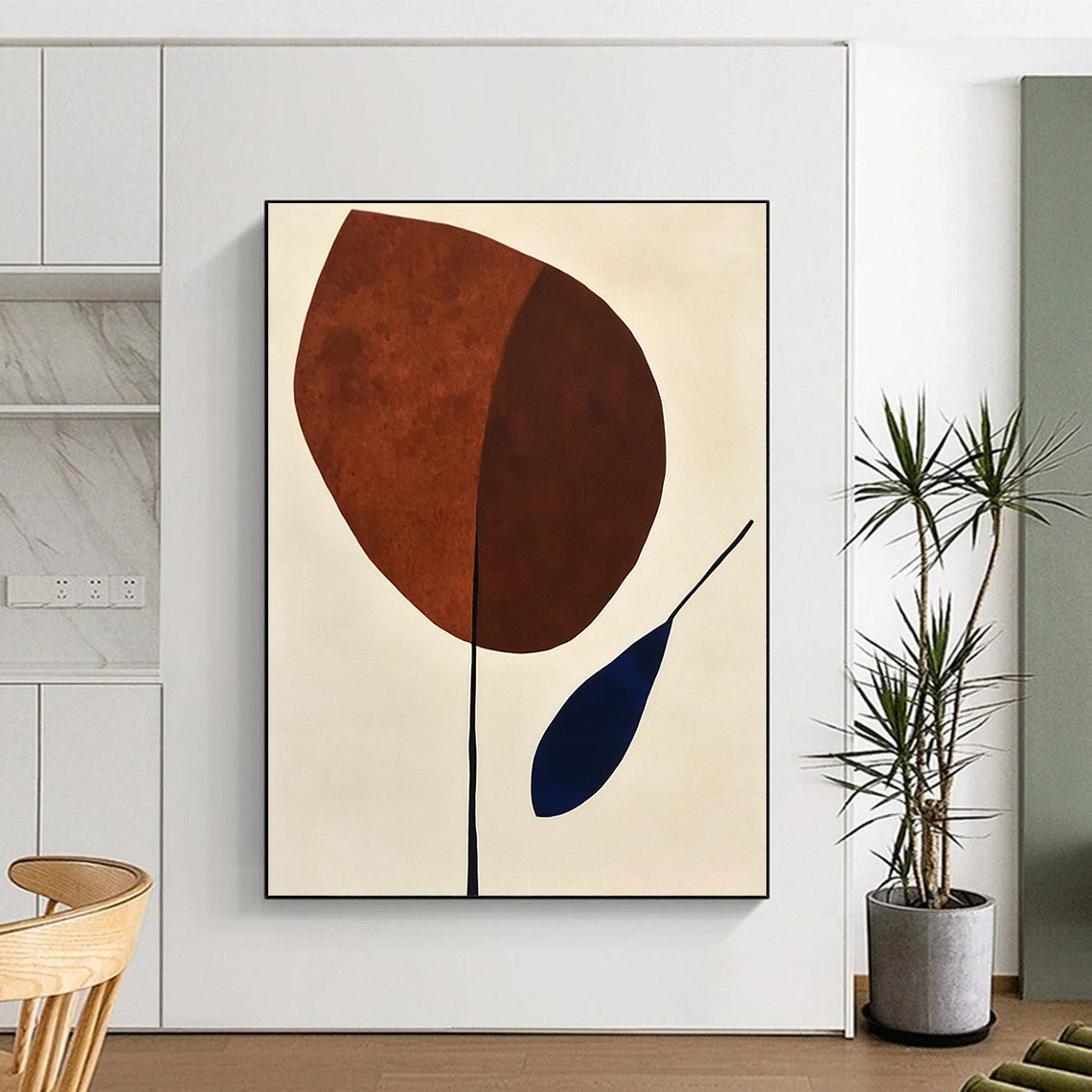 Contemporary abstract painting featuring organic shapes in brown and blue on a minimalist white background, evoking mid-century artistic style. DLZ1309